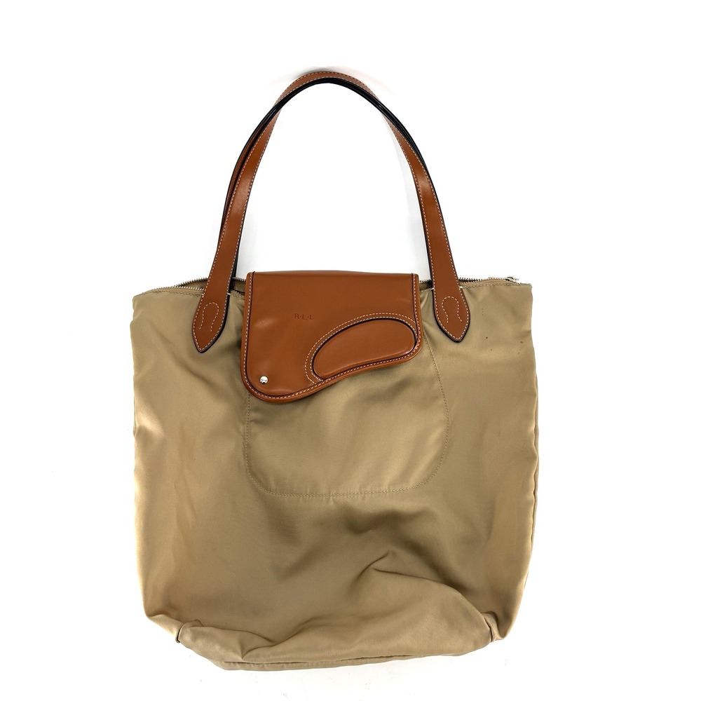 Polo Ralph Lauren Packable Tote Bag Brown & Tan Leather Straps Magnetic Close
